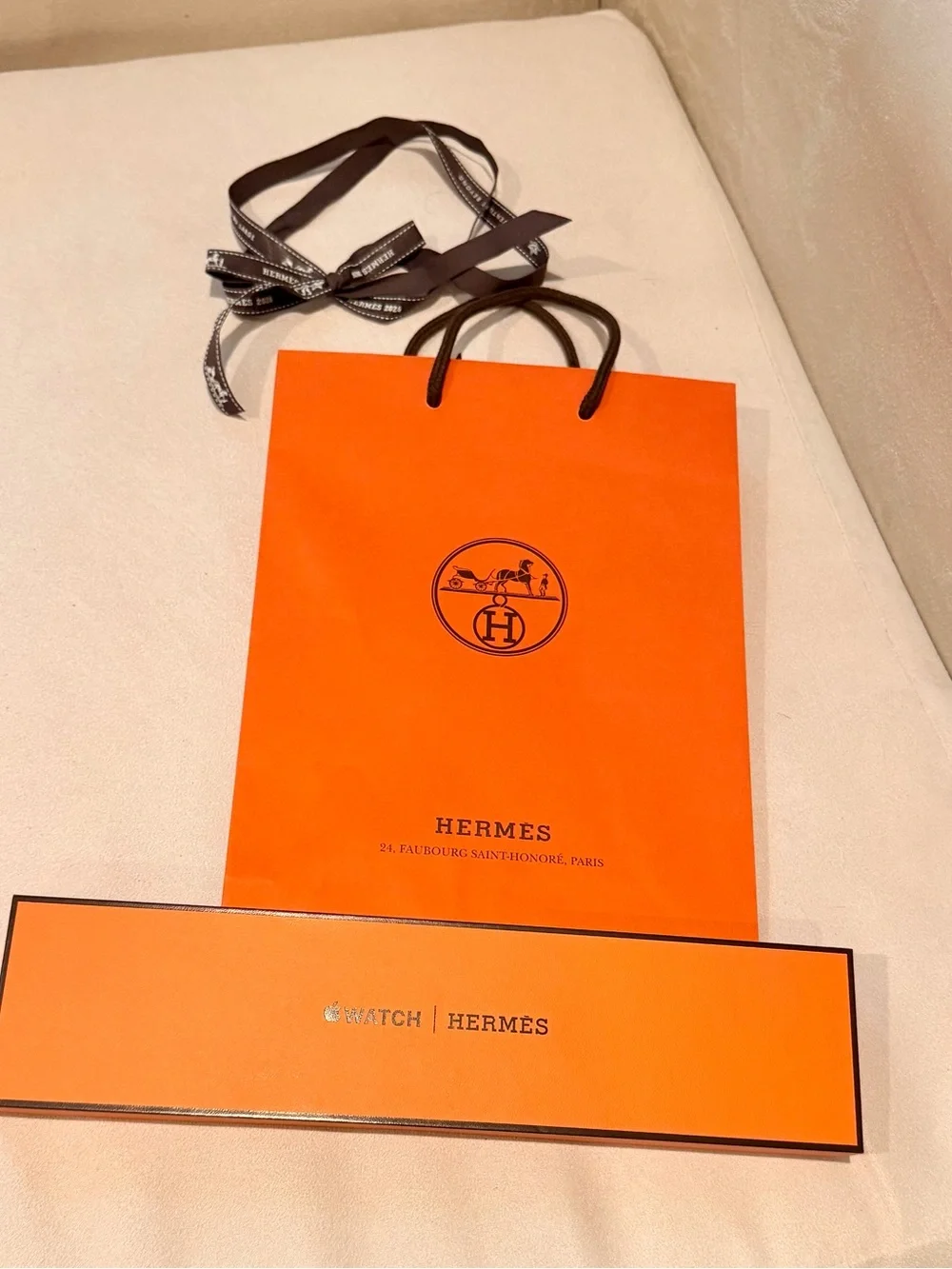 Hermes Orange Gift Bag and iWatch Band Box with Original Ribbon